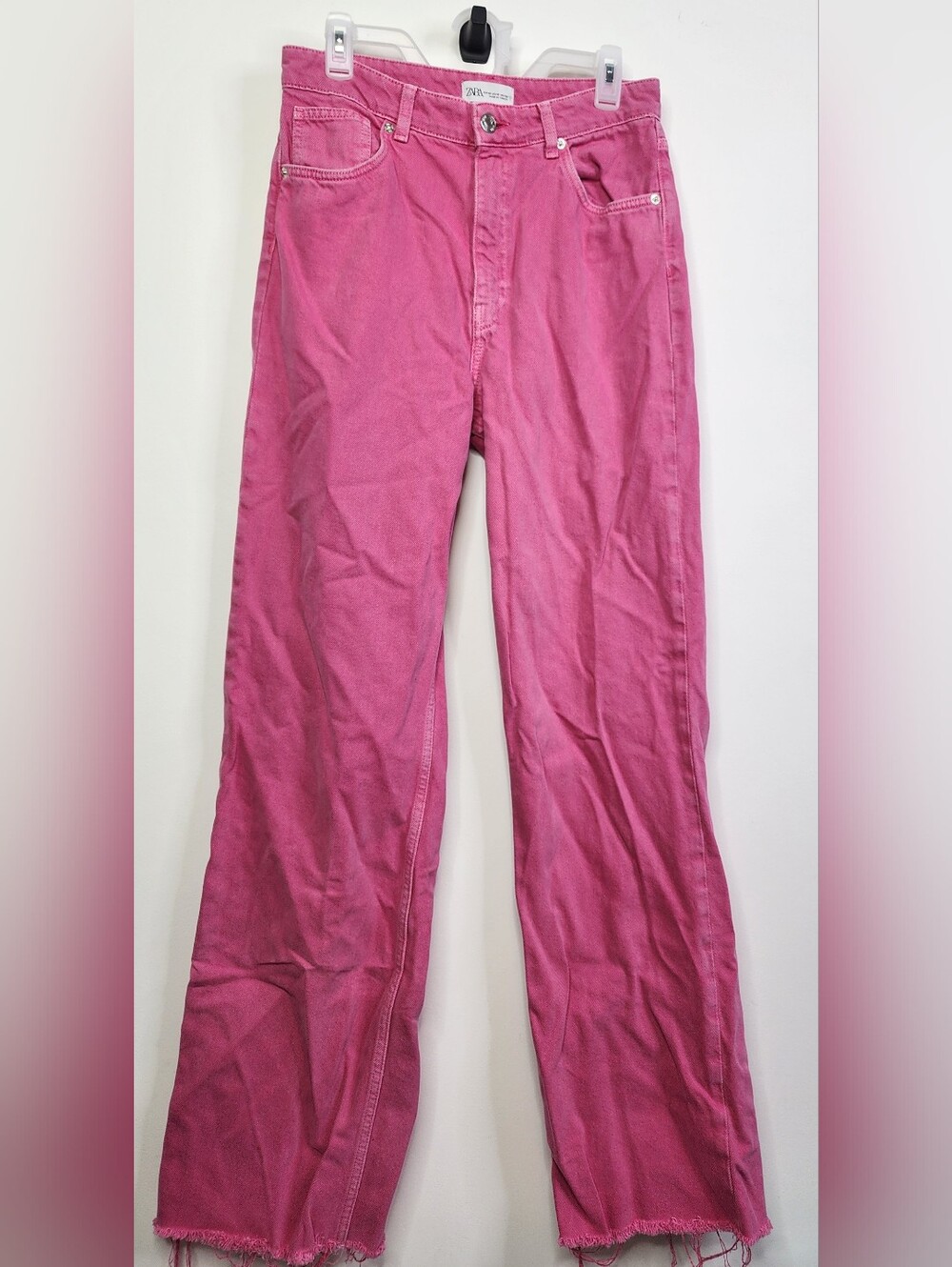 Zara High-Rise Pink Straight-Leg Jeans, Wide Leg, Raw Hem, Size 10